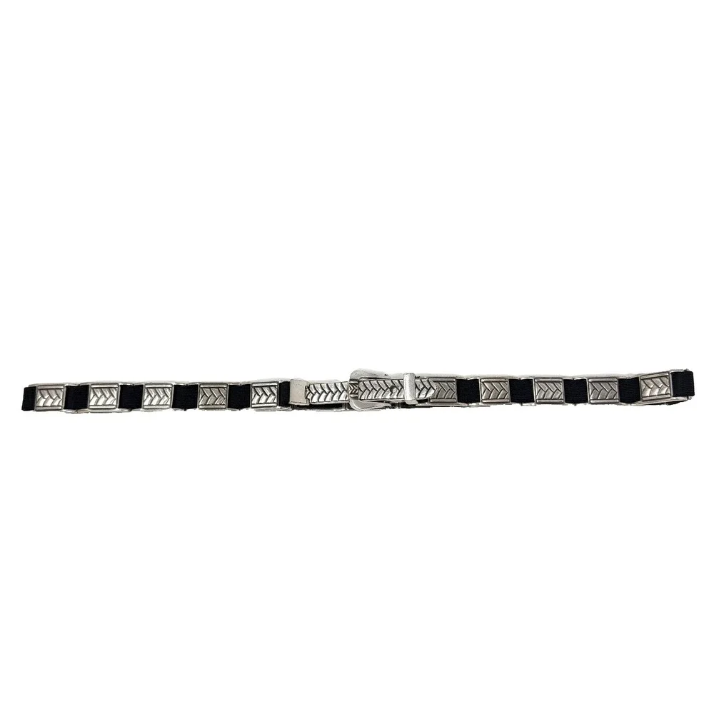 Chico's Large Elastic Stretch Belt Black Silver Tone Metal Size L‎